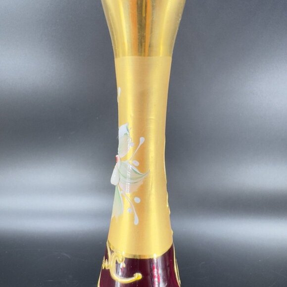 Venetian Art Glass Vase Raised Flowers Ruby Red Heavy Gold Painted Made In Italy - Picture 6 of 15